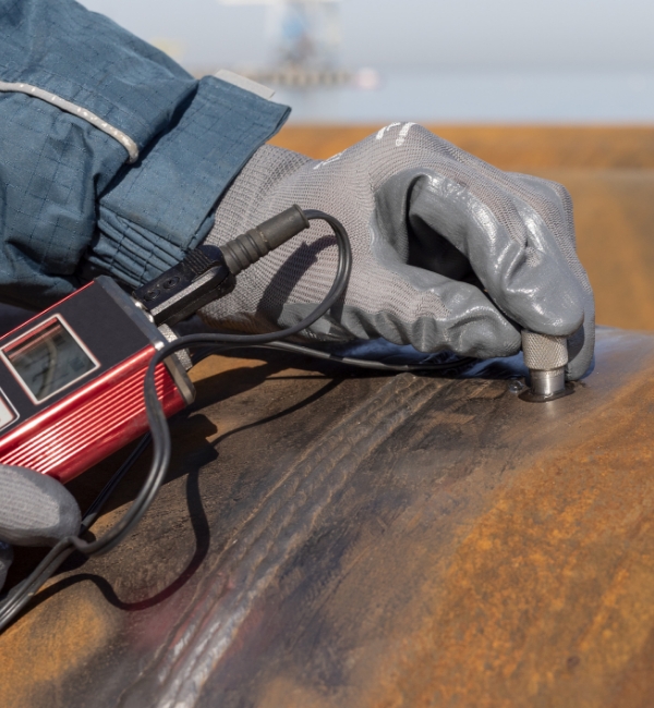Technician performing hardness testing on a welded surface.