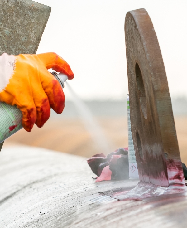 Technician spraying liquid for defect detection on metal.